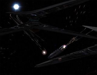 Cylone Basestars in action from Beyond the Red Line.