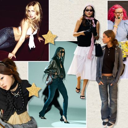 a collage of gen z fashion trends, featuring Lucky Brand x Addison Rae, Sarahbelle Kim, Gucci, women at fashionweek, Ruby Lyn