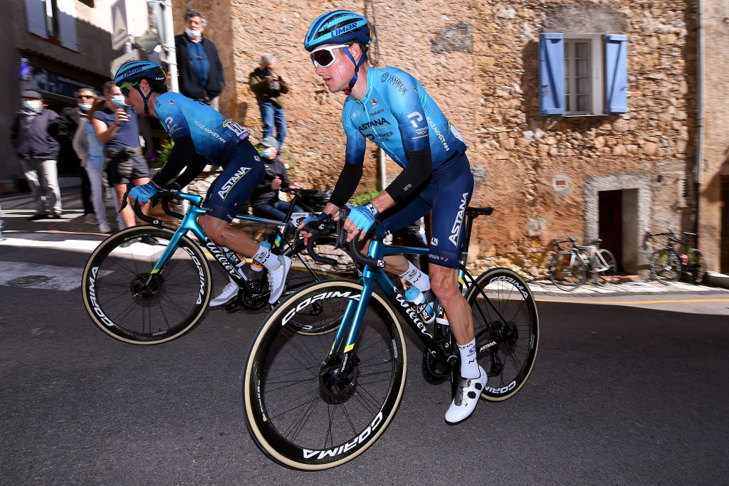 FAYENCE FRANCE FEBRUARY 20 Fabio Felline of Italy Jakob Fuglsang of Denmark and Team Astana Premier Tech during the 53rd Tour Des Alpes Maritimes Et Du Var Stage 2 a 1689km stage from Fayence to Fayence 357m Public Fans Village letour0683 on February 20 2021 in Fayence France Photo by Luc ClaessenGetty Images