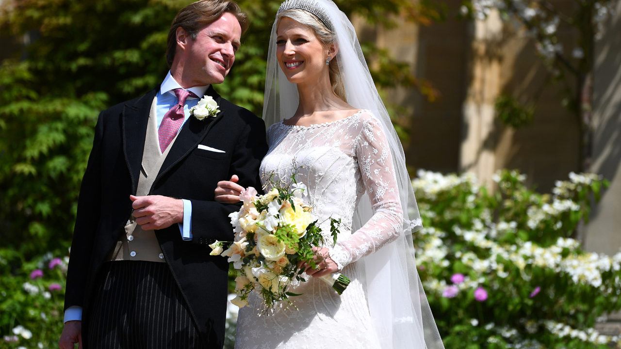 Lady Gabriella Windsor and Thomas Kingston leave after marrying in St George&#039;s Chapel on May 18, 2019 in Windsor, England.