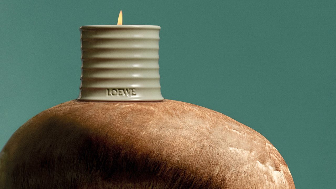 Loewe&#039;s Mushroom candle on top of a mushroom.