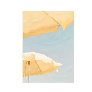 An art print with two yellow parasols and a blue sky painted onto it