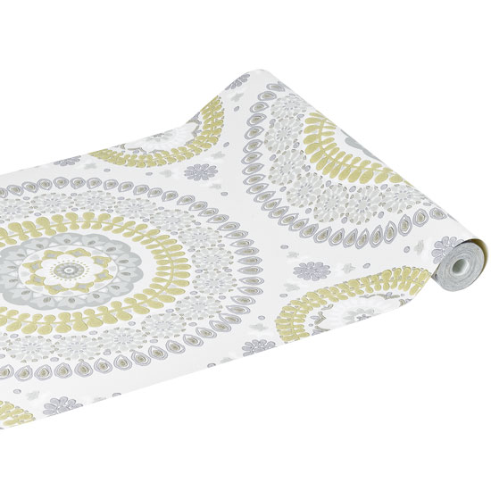geometric pattern printed wallpaper with yellow white and blue colours