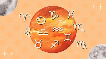 The zodiac signs and the orange full moon against a colourful orange background