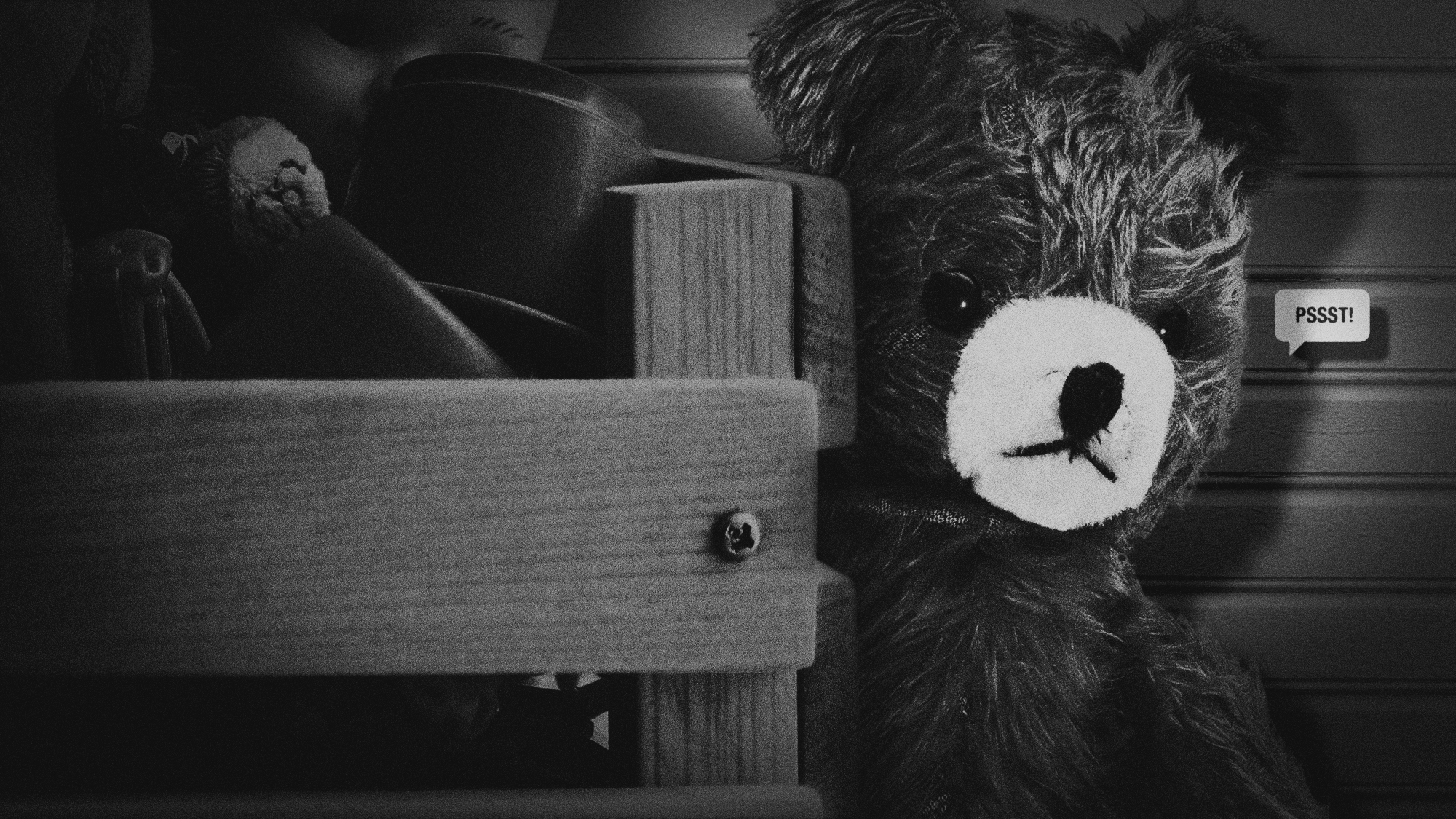 Illustration of a soft toy whispering in a shadowy room