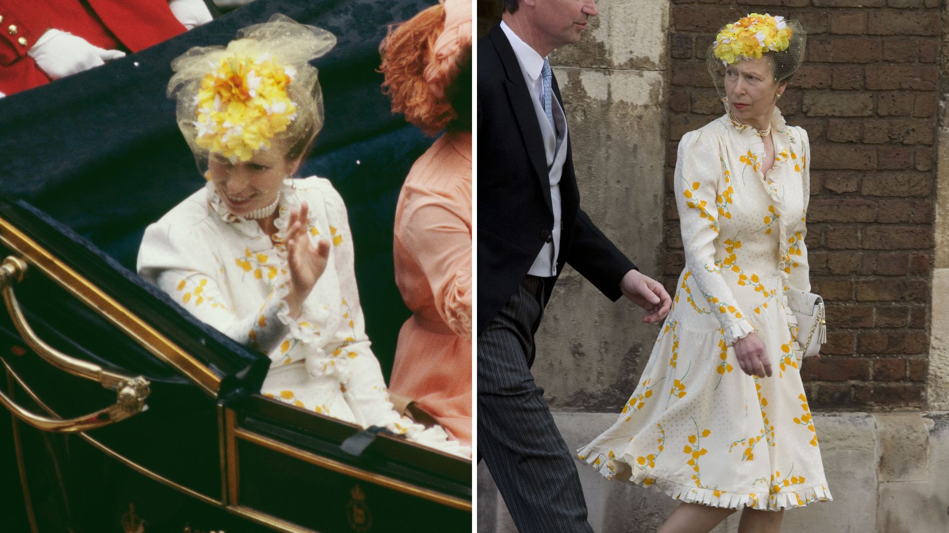 L-Princess Anne at the wedding of Prince Charles and Princess Diana, R-Princess Anne at a wedding in 2008