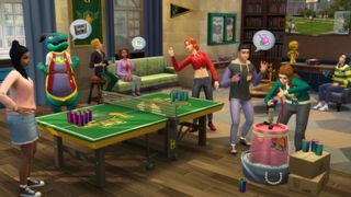 A group of Sims at a dorm party during the Sims 4 expansion pack, Discover University.