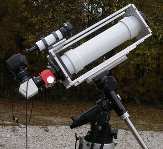 Home-built 4-inch solar telescope that incorporates a Baader safety wedge and a mylar-filtered solar-finder scope.