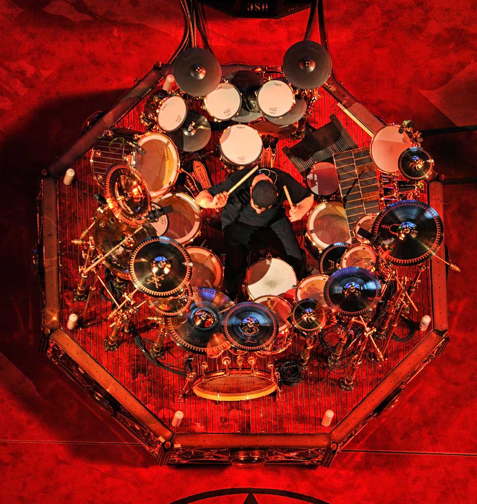 Neil Peart sitting at his kit, shot from above