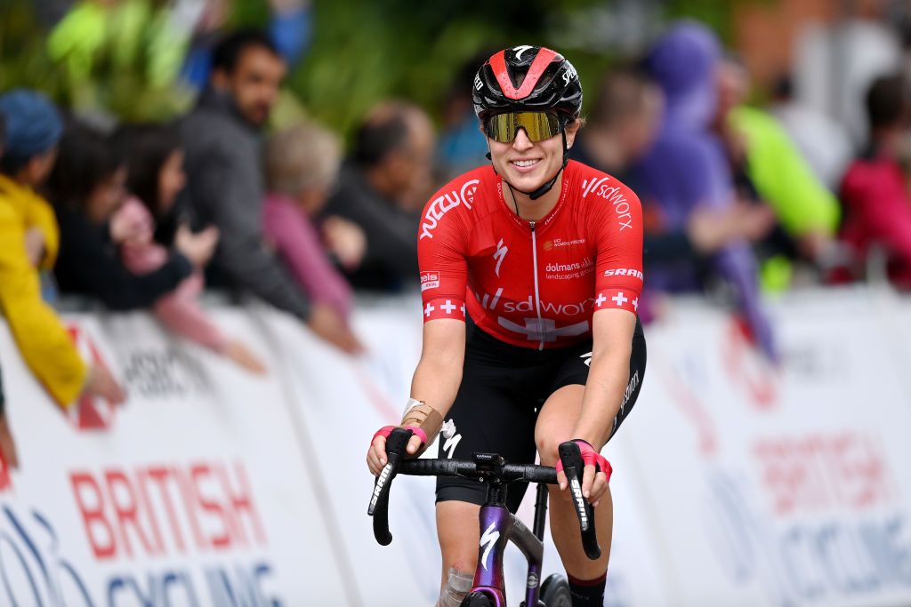 GLOUCESTER ENGLAND JUNE 08 Marlen Reusser of Switzerland and Team SD Worx crosses the finishing line during the 8th The Womens Tour 2022 Stage 3 a 1079km stage from Tewkesbury to Gloucester WomensTour UCIWWT on June 08 2022 in Gloucester England Photo by Justin SetterfieldGetty Images