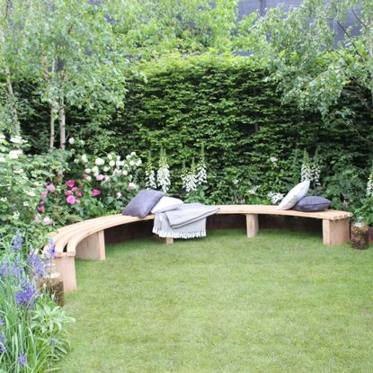 A small curved bench at the RHS Chelsea Flower Show, bookended with two trees