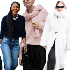Collage of fashion week attendees wearing navy blue, light pink, white on white background
