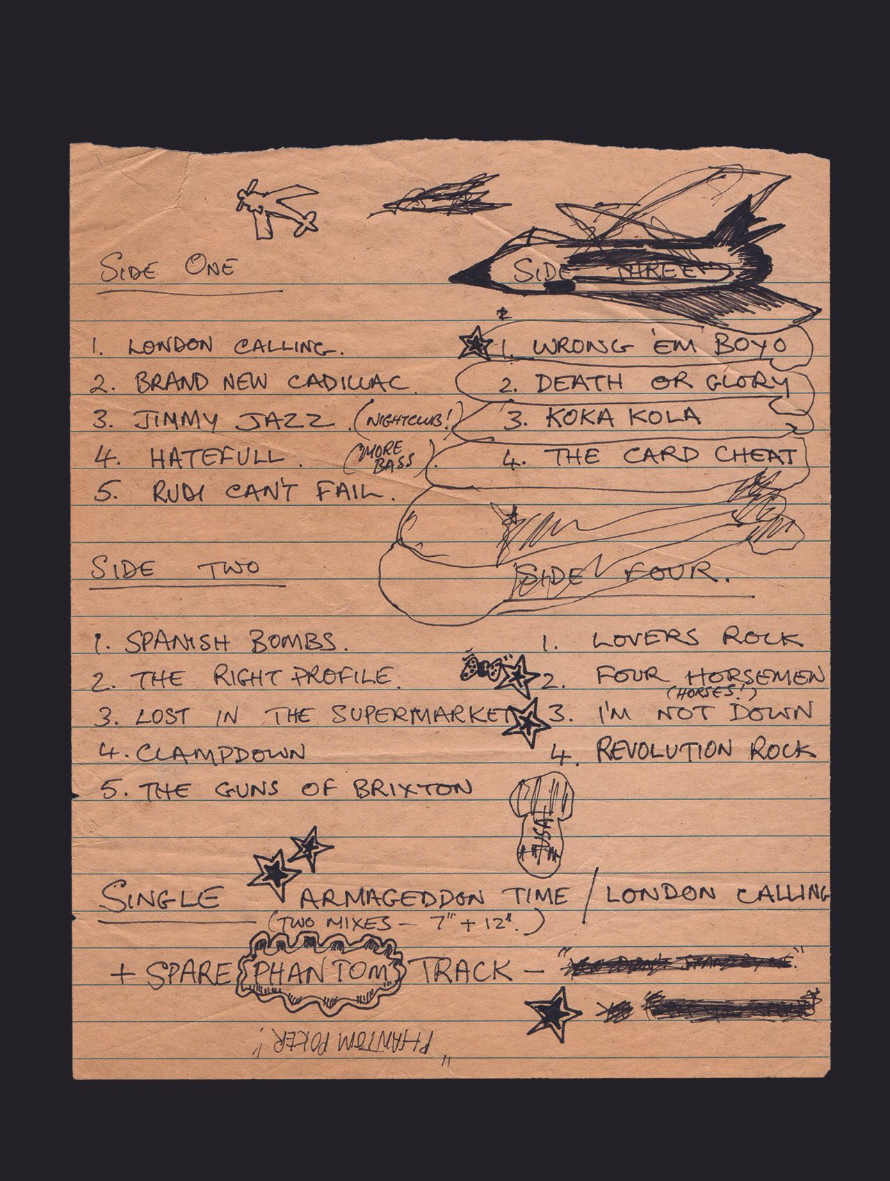 Handwritten track listing by Mick Jones