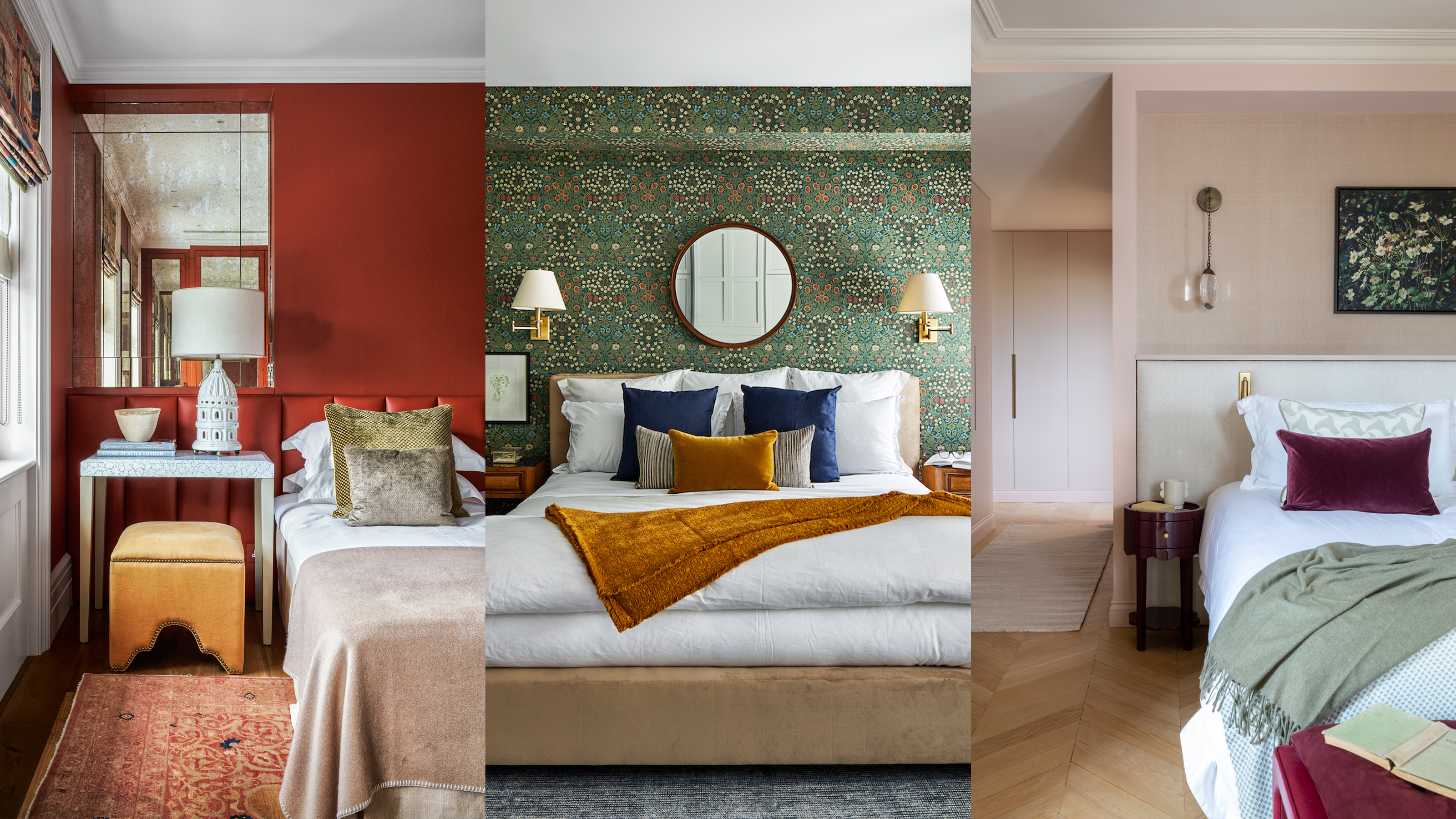 Bedroom w/ dark red walls, terracotta decor