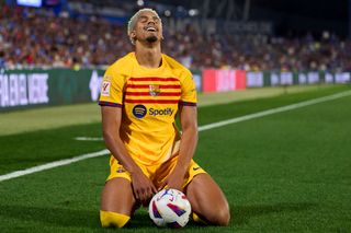 Aston Villa target Ronald Araujo of FC Barcelona reacts during the LaLiga EA Sports match between Getafe CF and FC Barcelona at Coliseum Alfonso Perez on August 13, 2023 in Getafe, Spain.