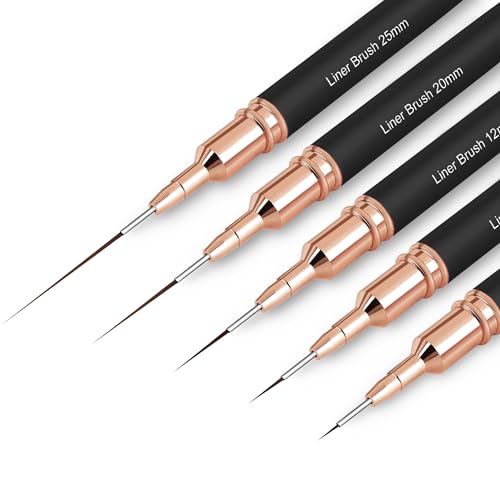 Zeohbety Metallic Nail Art Brushes, 5pcs Nail Art Liner Brushes, Painting Art Design Brush Set Nail Dotting Drawing Tool for Long Lines, Thin Details, Fine Drawing Sizes 4/8/12/20/25mm, Black