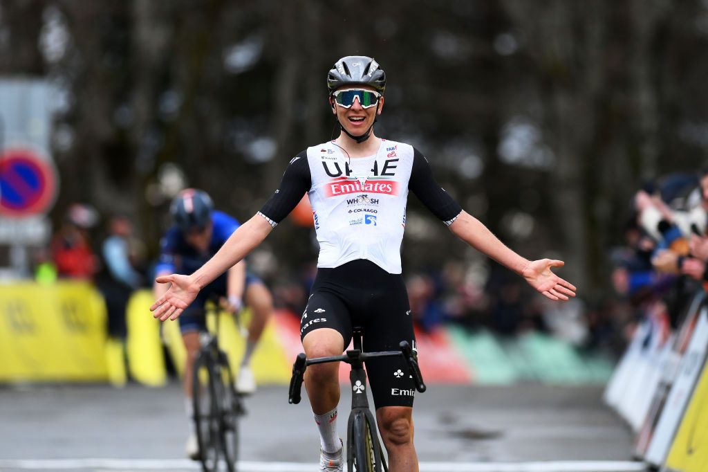 LA LOGE DES GARDES FRANCE MARCH 08 Tadej Pogacar of Slovenia and UAE Team Emirates celebrates at finish line as stage winner during the the 81st Paris Nice 2023 Stage 4 a 1647km stage from SaintAmandMontrond to La Loge des Gardes 1077m UCIWT ParisNice on March 08 2023 in La Loge des Gardes France Photo by Alex BroadwayGetty Images