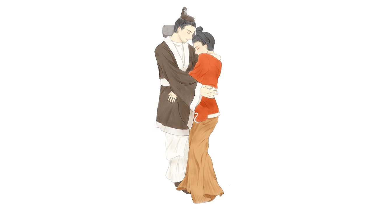 An illustration showing the man and woman in their "eternal love" burial position.