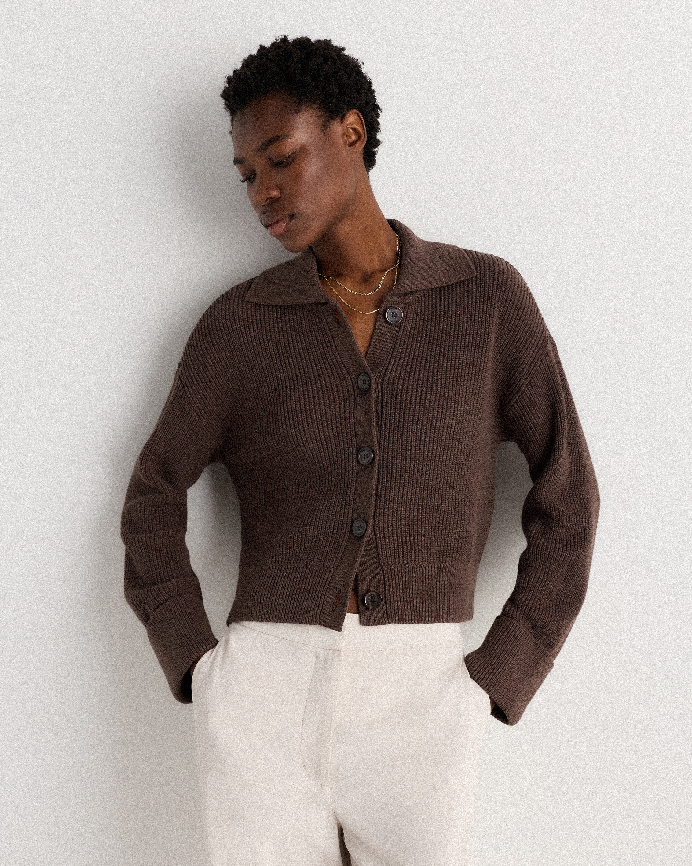 100% Organic Cotton Fisherman Collared Cardigan in Heather Brown