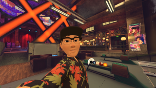 Hamish Hector's VR avatar (with a hat and flowery shirt) stands in a trendy bar come bowling alley