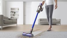 Graphic of person vacuuming crumbs and dust from gray rug using Dyson V11, with minimalist living room area pictured in background.