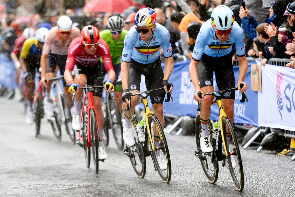 Belgium&#039;s Tiesj Benoot and Wout van Aert lead the select favourites group late in the road race at the 2023 UCI Road World Championships in Glasgow