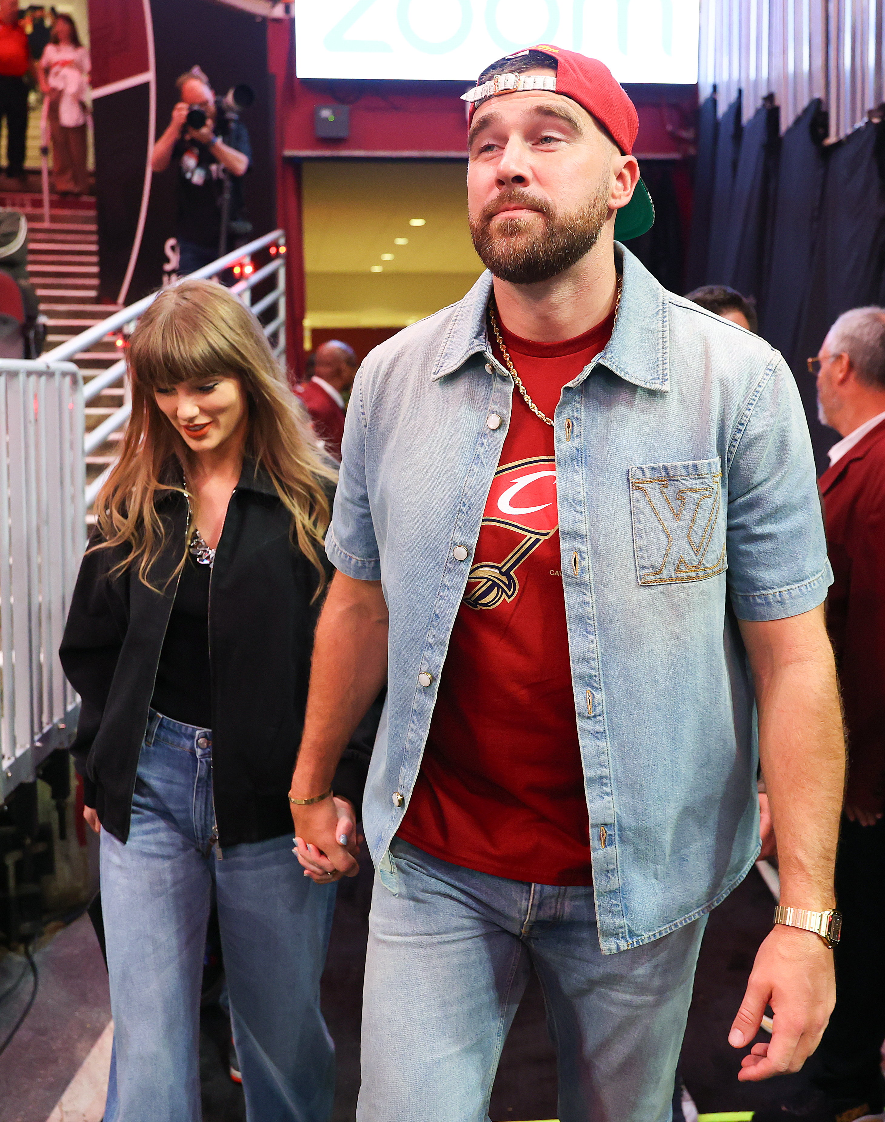 Taylor Swift and Travis Kelce attend the Cavaliers vs Knicks game in Cleveland Ohio