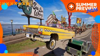 A taxi takes a jump from a lorry in Crazy Taxi: World Tour, with the orange and blue GamesRadar+ Summer Preview 2026 branding