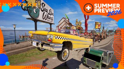 A taxi takes a jump from a lorry in Crazy Taxi: World Tour, with the orange and blue GamesRadar+ Summer Preview 2026 branding