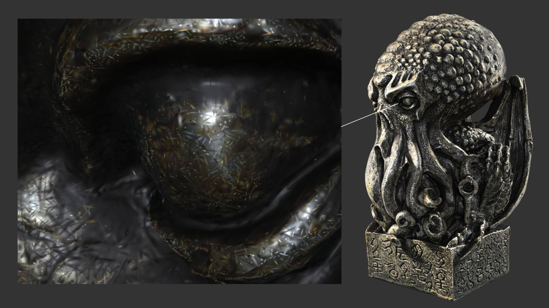 A close up of a cephalapodic statue scanned and rendered as a Gaussian splat. A picture-in-picture closeup exposes the individual 3D splats that make up the full statue.
