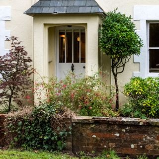cottage exterior with trees and plants