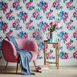 amelia wallpaper with chair and plant on vase