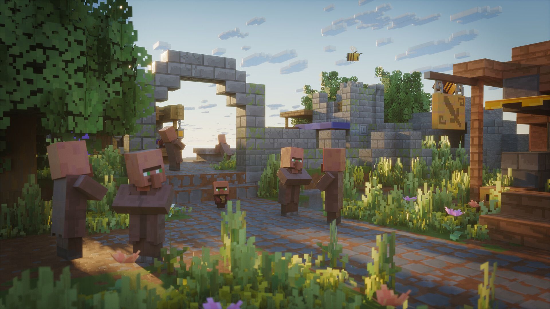 Screenshot from Minecraft Dungeons 2's reveal trailer, showing a bunch of villagers standing around a blocky village.