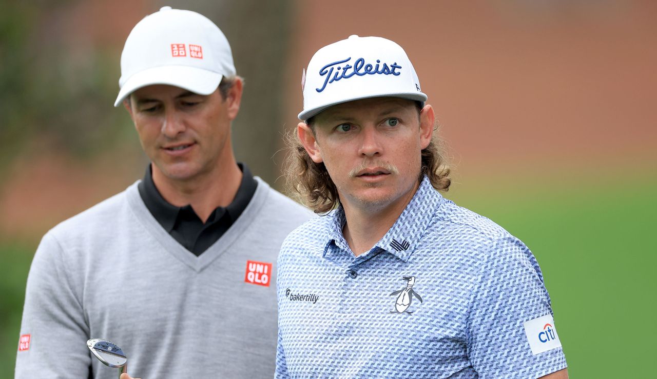 Adam Scott and Cameron Smith talk at the Masters