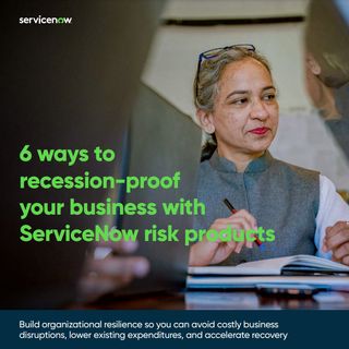 Whitepaper from ServiceNow: Six ways to recession-proof your business with risk products, with an image of a female worker holding a pen and laptop in foreground