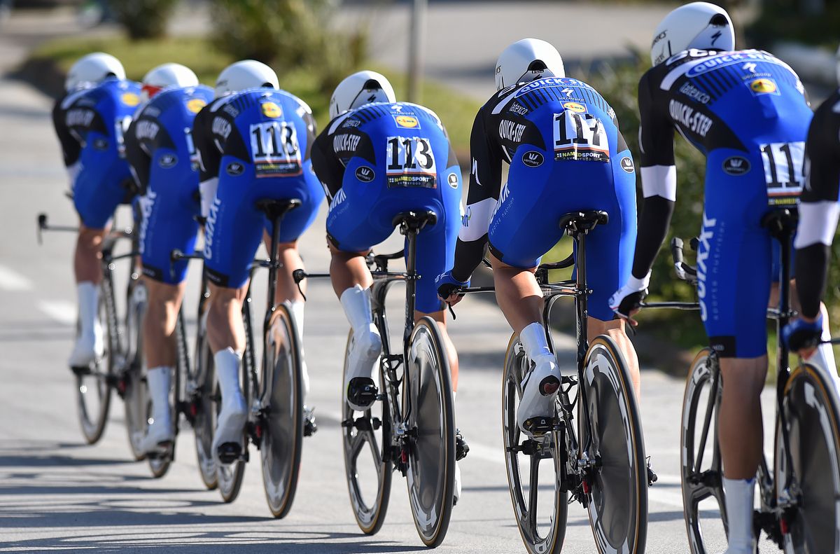 The rear carriages of the Etixx-Quick Step TTT train
