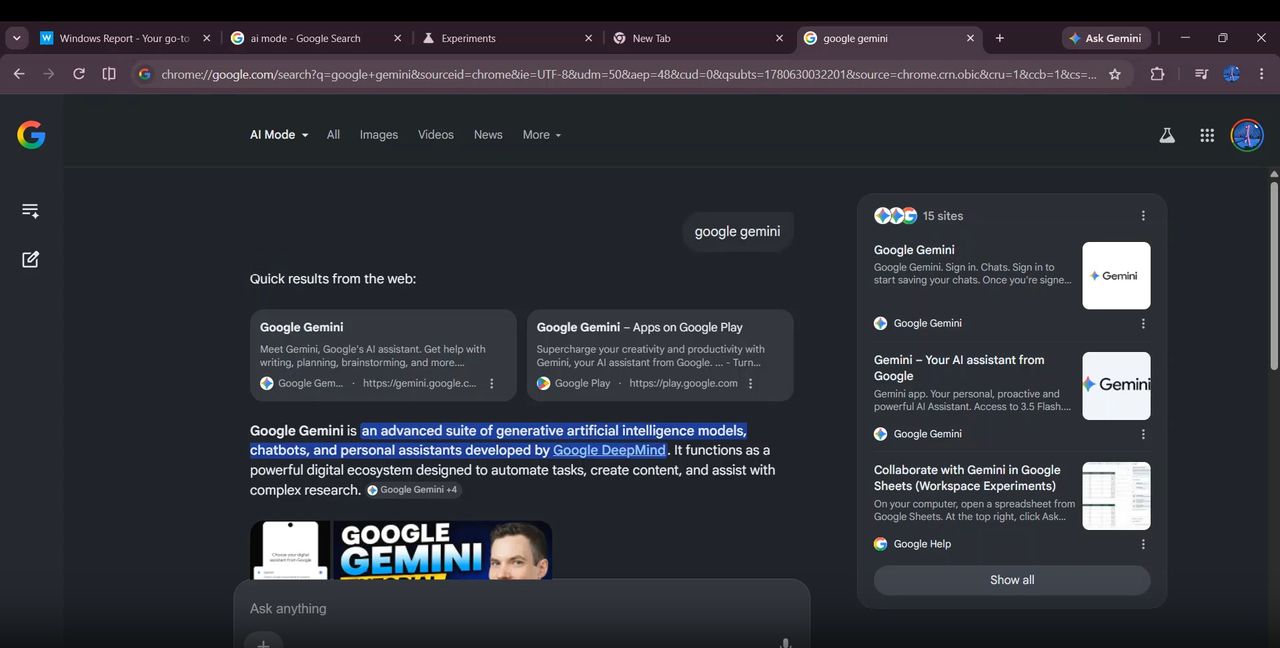A user's query from Chrome's address bar is sent directly into AI Mode, displaying an AI Overview-like response.