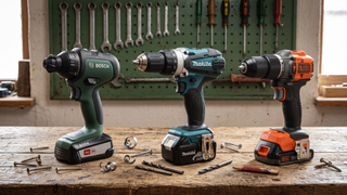 Three cordless drills on wooden surface with tools hanging up in background