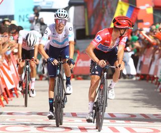 Spanish Enric Mas of Movistar Team and Belgian Remco Evenepoel of QuickStep Alpha Vinyl cross the finish line of stage 17 of the 2022 edition of the Vuelta a Espana Tour of Spain cycling race from Aracena to Monasterio de Tentudia 1623 km Spain Wednesday 07 September 2022 BELGA PHOTO DAVID PINTENS Photo by David PINTENS BELGA MAG Belga via AFP Photo by DAVID PINTENSBELGA MAGAFP via Getty Images