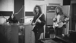 Left to right: Ian Paice, Ritchie Blackmore and Roger Glover, of British rock group Deep Purple, in a recording studio, London, 29th September 1970