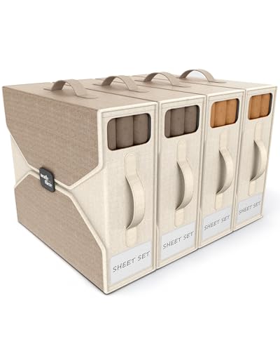 Bed Sheet Organizer - Foldable Sheet Boxes for Organization, Sturdy Sheet Holder With Window, Labels &amp;amp; Handles for King/queen Bed, Sheet Organizer for Linen Closet, Bedsheet Organizers and Storage