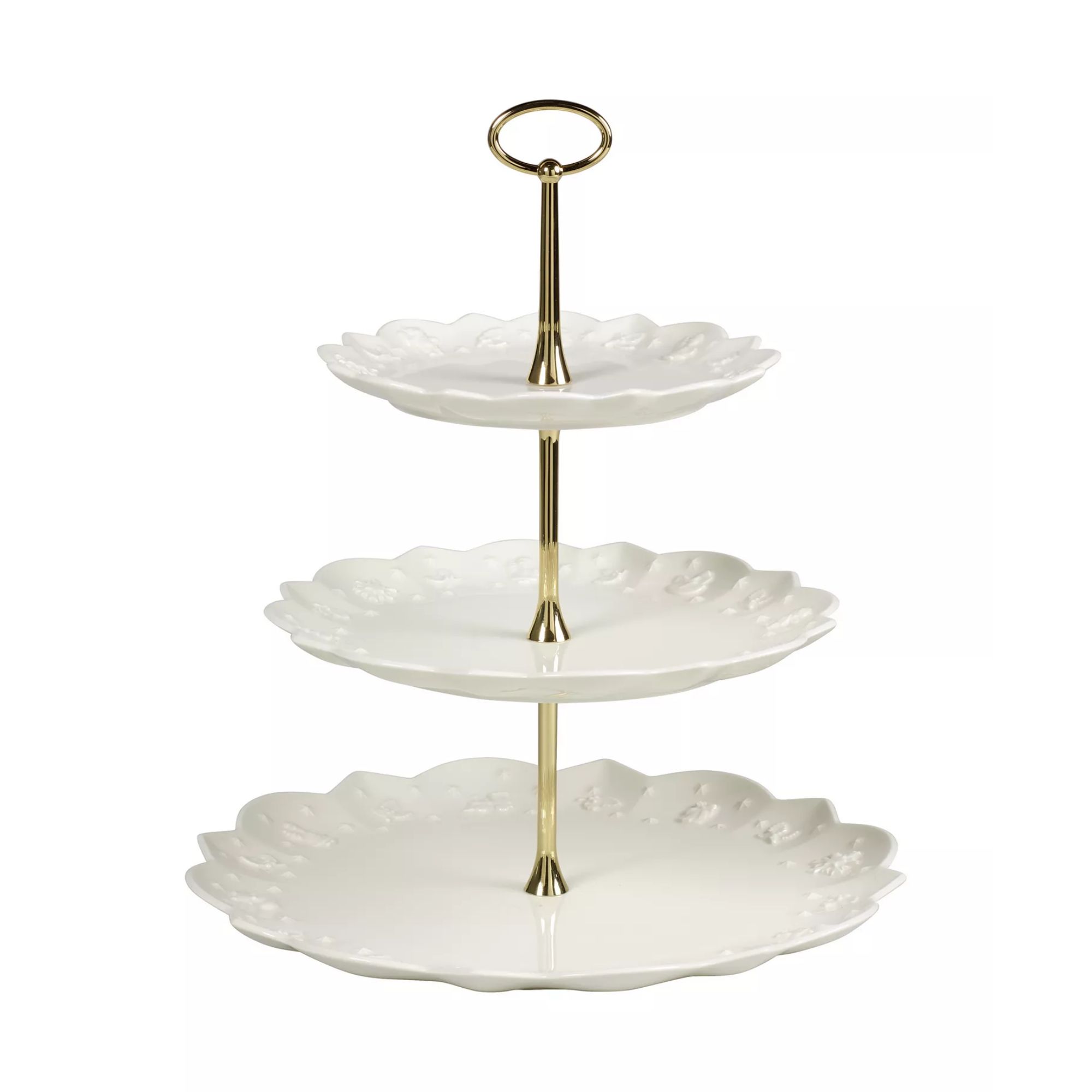 White porcelain cake stand with gold rod