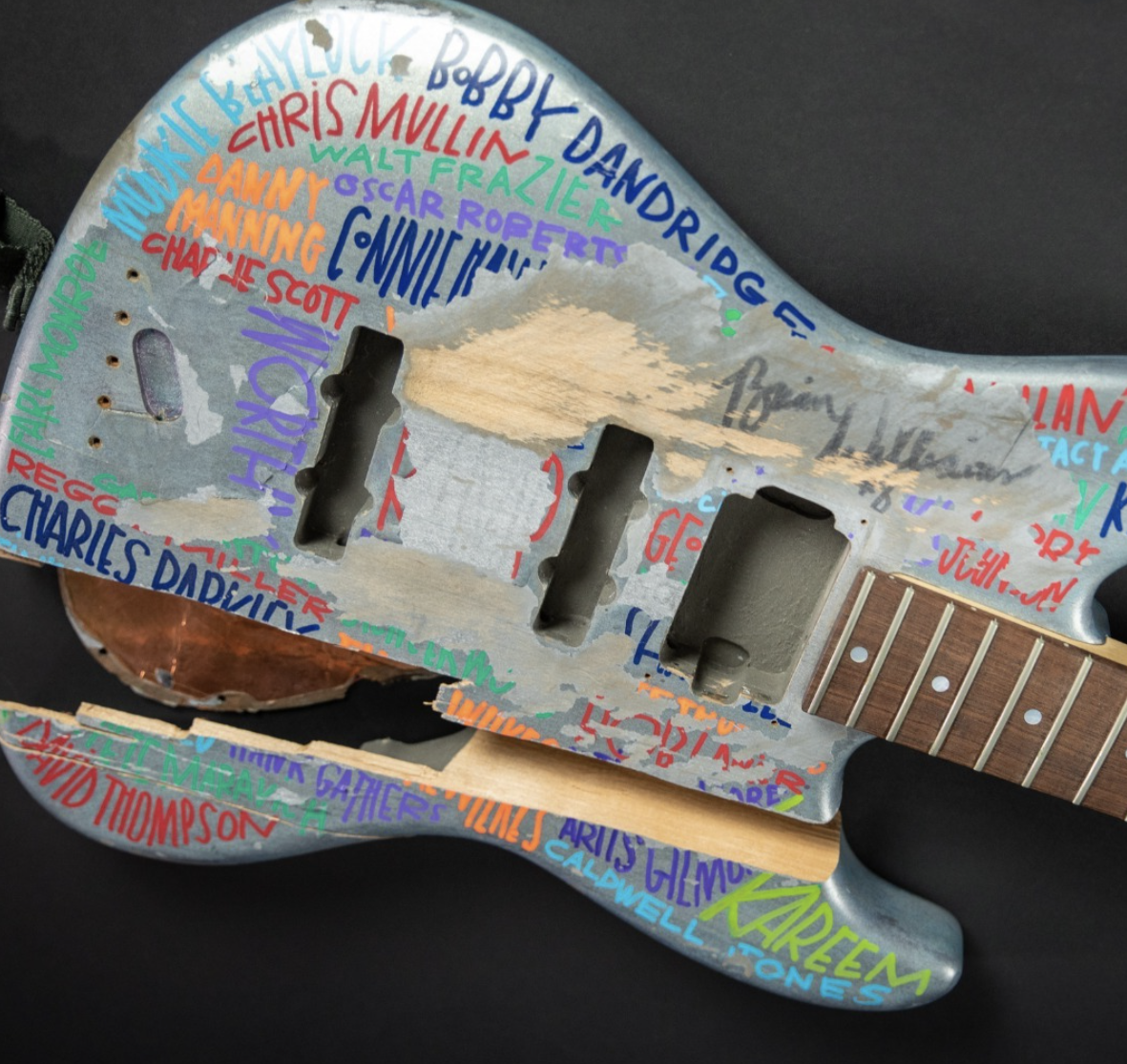 Jeff Ament NBA bass covered with all his favorite 90s NBA players' names