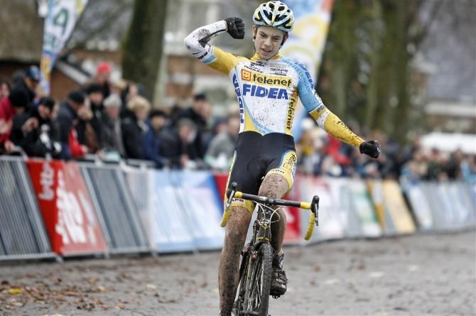 Wout van Aert (Telenet-Fidea) celebrates victory in the U23 event at Superprestige Gieten