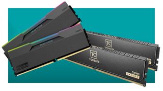 A composite image of Klevv and TeamGroup DDR5-RAM kits against a teal background with a white border.