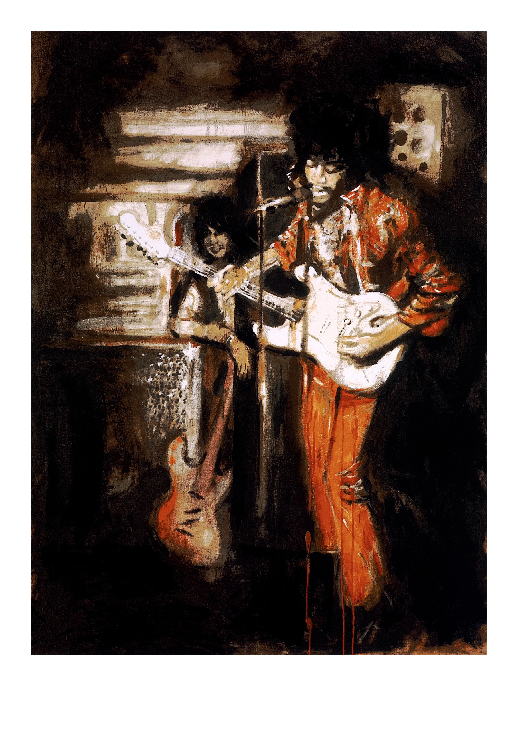 Jimi playing a guitar, dressed a bit like Michael Jackson in Thriller, with lots of shadows