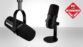 The best microphone for gaming: Two microphones on a grey background with the PC Gamer Recommended badge in the top right.