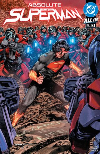 Superman battles the Peacemaker army on the cover of Absolute Superman #2.