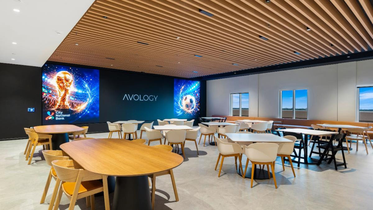 A massive video wall in the breakroom at the City National Bank&rsquo;s new Financial Center Headquarters.