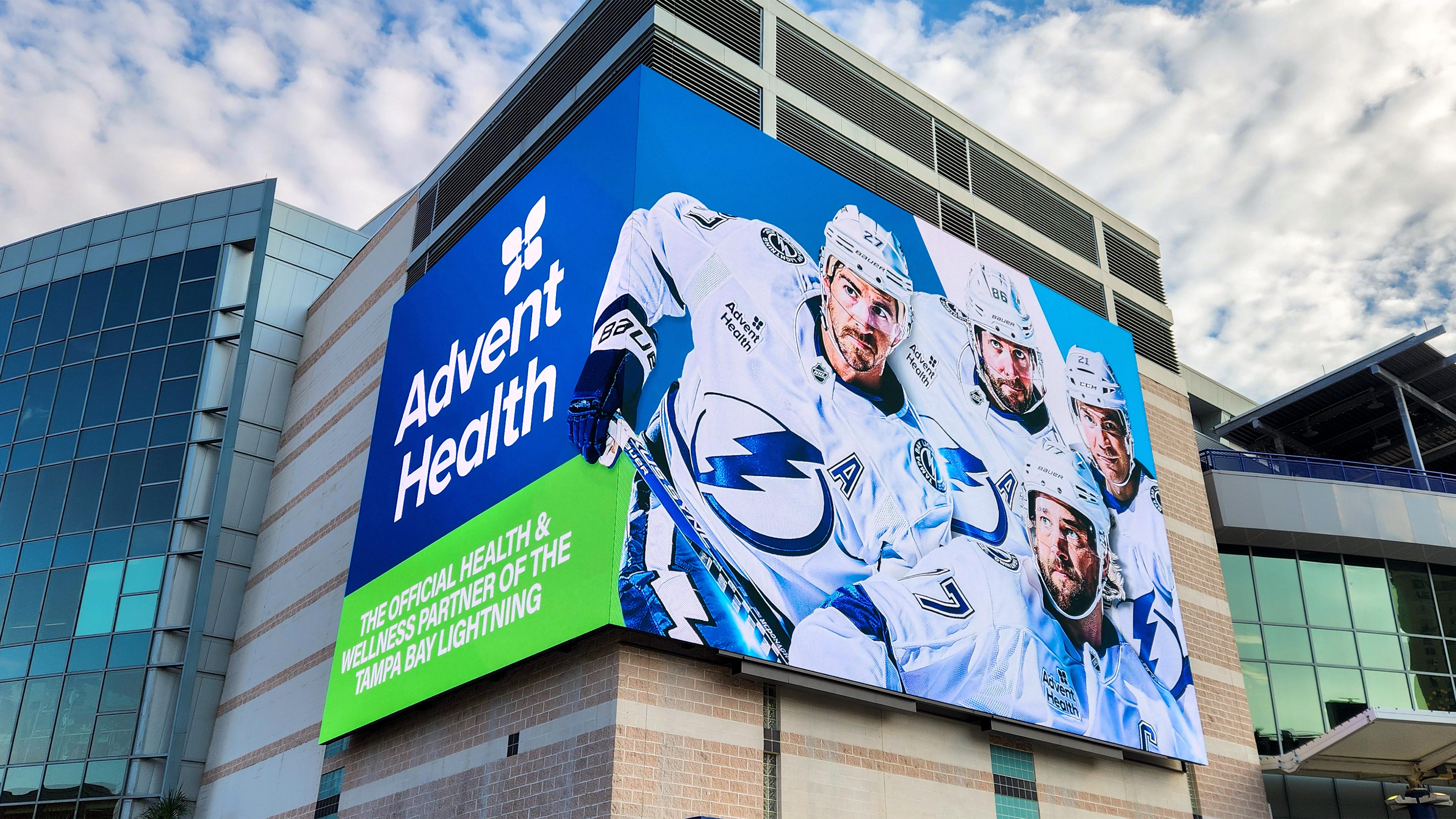 The corner LED display at Amalie Arena showing the Tampa Bay Lightning players.